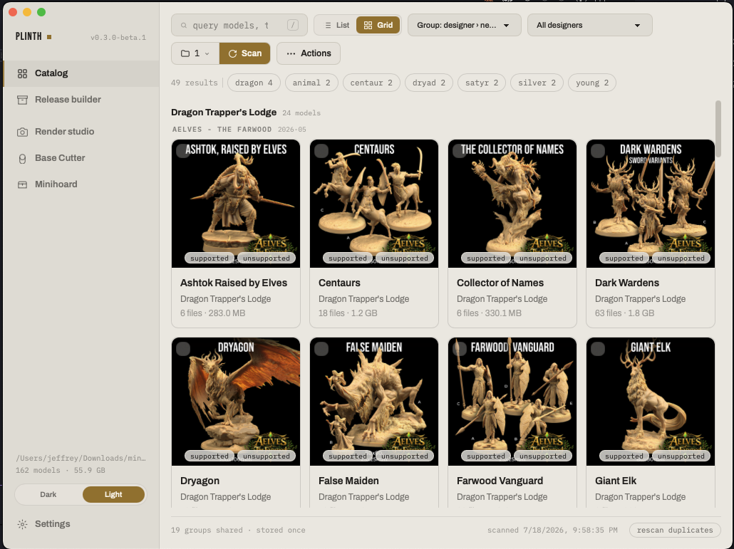The Plinth catalog: a scanned library browsed as preview cards, grouped by designer and release