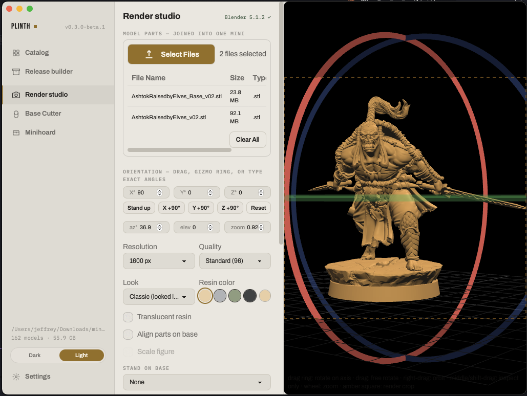 Render studio: orient a multi-part mini and render a studio preview through Blender
